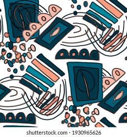 Seamless vector pattern with abstract doodles. Bright spring or summer print. Trendy colorful background. Geometric doodle. 