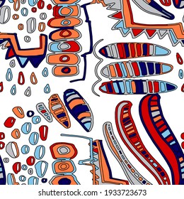 Seamless vector pattern with abstract doodles. Bright spring or summer print. Trendy colorful background. Geometric doodle.	