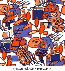 Seamless vector pattern with abstract doodles. Bright spring or summer print. Trendy colorful background. Geometric doodle.	