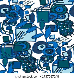 Seamless vector pattern with abstract doodles. Bright spring or summer print. Trendy colorful background. Geometric doodle.	
