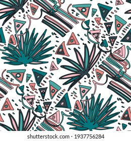 Seamless vector pattern with abstract doodles. Bright spring or summer print. Trendy colorful background. Geometric doodle.	