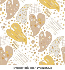 Seamless vector pattern with abstract doodles. Bright summer print. Trendy colorful background. Geometric doodles and leaves.