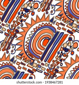 Seamless vector pattern with abstract doodles. Bright spring or summer print. Trendy colorful background. Geometric doodle.