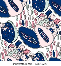Seamless vector pattern with abstract doodles. Bright spring or summer print. Trendy colorful background. Geometric doodle.