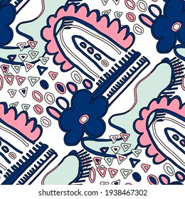 Seamless vector pattern with abstract doodles. Bright spring or summer print. Trendy colorful background. Geometric doodle.