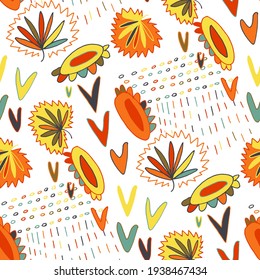 Seamless vector pattern with abstract doodles. Bright summer print. Trendy colorful background. Geometric doodles and leaves