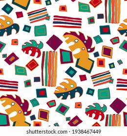 Seamless vector pattern with abstract doodles. Bright summer print. Trendy colorful background. Geometric doodles and leaves