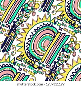 Seamless vector pattern with abstract doodles. Bright spring or summer print. Trendy colorful background. Geometric doodle.	