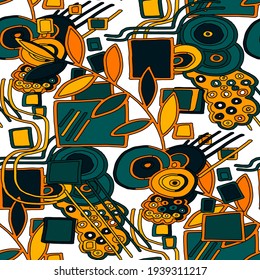 Seamless vector pattern with abstract doodles. Bright spring or summer print. Trendy colorful background. Geometric doodle.	