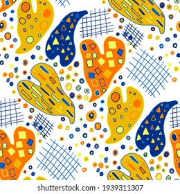 Seamless vector pattern with abstract doodles. Bright summer print. Trendy colorful background. Geometric doodles and leaves.	
