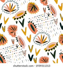 Seamless vector pattern with abstract doodles. Bright summer print. Trendy colorful background. Geometric doodles and leaves.	
