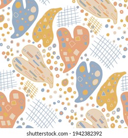 Patrón vectorial sin brillo con garabatos abstractos. Brillante impresión de verano. Fondo colorido de moda. Doodles y hojas geométricas.	