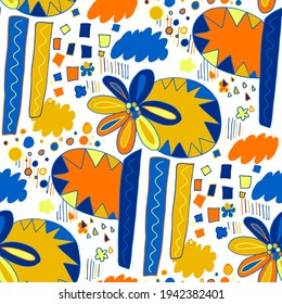 Seamless vector pattern with abstract doodles. Bright summer print. Trendy colorful background. Geometric doodles and leaves.	