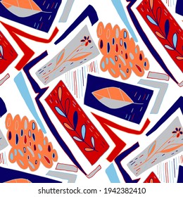 Seamless vector pattern with abstract doodles. Bright summer print. Trendy colorful background. Geometric doodles and leaves.	