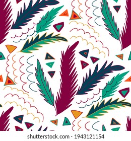 Seamless vector pattern with abstract doodles. Bright summer print. Trendy colorful background. Geometric doodles and leaves.	