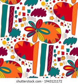 Seamless vector pattern with abstract doodles. Bright summer print. Trendy colorful background. Geometric doodles and leaves.	