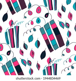Seamless vector pattern with abstract doodles. Bright summer print. Trendy colorful background. Geometric doodles and leaves.	