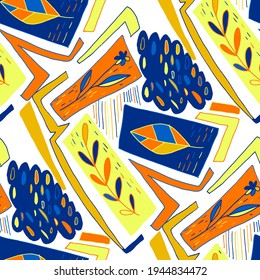 Seamless vector pattern with abstract doodles. Bright summer print. Trendy colorful background. Geometric doodles and leaves.	