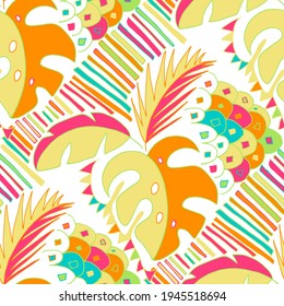 Seamless vector pattern with abstract doodles. Bright summer print. Trendy colorful background. Geometric doodles and leaves.	