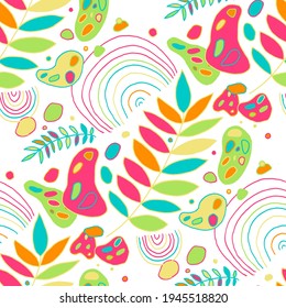 Seamless vector pattern with abstract doodles. Bright summer print. Trendy colorful background. Geometric doodles and leaves.	