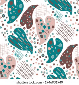 Seamless vector pattern with abstract doodles. Bright summer print. Trendy colorful background. Geometric doodles and leaves.	