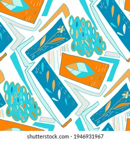 Seamless vector pattern with abstract doodles. Bright summer print. Trendy colorful background. Geometric doodles and leaves.	