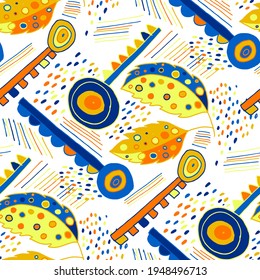 Seamless vector pattern with abstract doodles. Bright summer print. Trendy colorful background. Geometric doodles and leaves.	