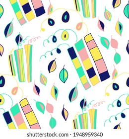 Seamless vector pattern with abstract doodles. Bright summer print. Trendy colorful background. Geometric doodles and leaves.	