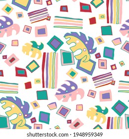 Seamless vector pattern with abstract doodles. Bright summer print. Trendy colorful background. Geometric doodles and leaves.	