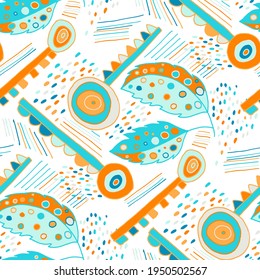 Seamless vector pattern with abstract doodles. Bright summer print. Trendy colorful background. Geometric doodles and leaves.	