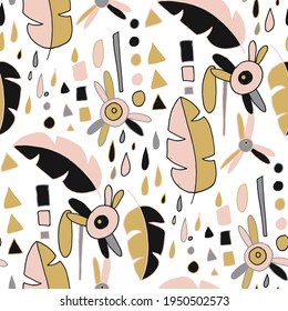 Seamless vector pattern with abstract doodles. Bright summer print. Trendy colorful background. Geometric doodles and leaves.	