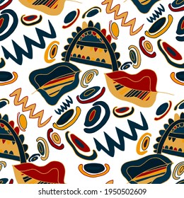 Seamless vector pattern with abstract doodles. Bright summer print. Trendy colorful background. Geometric doodles and leaves.	