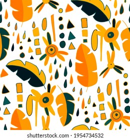 Seamless vector pattern with abstract doodles. Bright summer print. Trendy colorful background. Geometric doodles and leaves.	