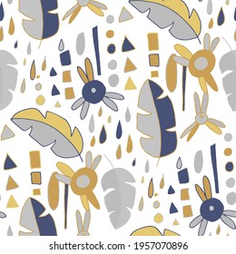 Seamless vector pattern with abstract doodles. Bright summer print. Trendy colorful background. Geometric doodles and leaves.	