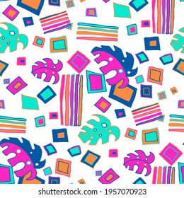 Seamless vector pattern with abstract doodles. Bright summer print. Trendy colorful background. Geometric doodles and leaves.	