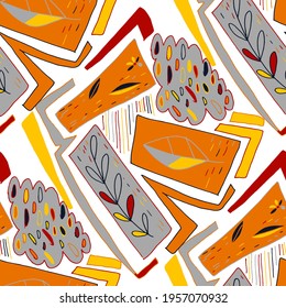 Seamless vector pattern with abstract doodles. Bright summer print. Trendy colorful background. Geometric doodles and leaves.	