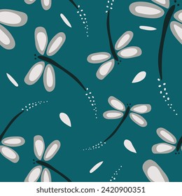 Seamless vector pattern with abstract dragonflies on teal green background. Simple artistic magical wallpaper design. Decorative hand drawn fashion textile.