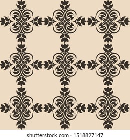 Seamless vector pattern of abstract elements or butterflies and leaves with black flowers on a brown background. Decoration for fabric or tile.