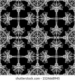 Seamless vector pattern of abstract elements. Mesh pattern.Art Nouveau pattern.Mosaic.Flat design.White graphics on a black background.For fabric design, packaging, Wallpaper and for engraving.