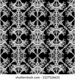 Seamless vector pattern of abstract elements. Mesh pattern.Art Nouveau pattern.Mosaic.Flat design.White graphics on a black background.For fabric design, packaging, Wallpaper and for engraving.