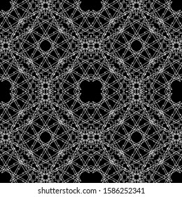Seamless vector pattern of abstract elements.White graphics on a black background. Art painting in art Nouveau style. Flat design. For fabric design, packaging, Wallpaper and for engrav. Mesh pattern.