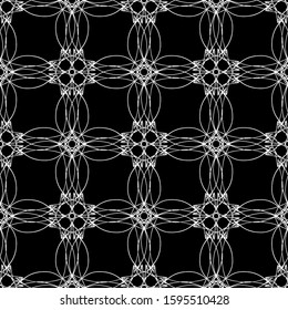 Seamless vector pattern of abstract elements.White graphics on a black background. Art painting in art Nouveau style. Flat design. For fabric design, packaging, Wallpaper and for engrav.Mesh pattern.