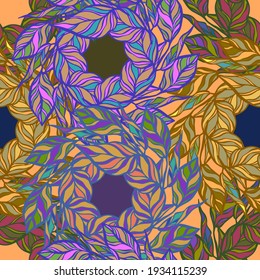 Seamless vector pattern with abstract feather leaves in circles in dull orange and purple colors. The design is perfect for textiles, backgrounds, wrapping paper, wallpaper, stationary, surfaces.