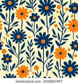 Seamless vector pattern of abstract flat meadow flowers, leaves and grasses, dark blue and orange stylized illustration of chamomiles. Repeating print of beautiful flowers with decorative herbs.