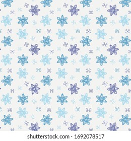 Seamless vector pattern with abstract floral and geometric elements in blue color palette