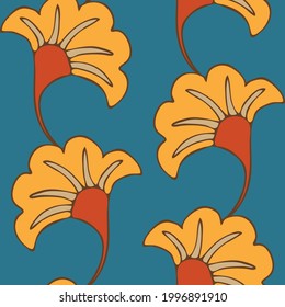 Seamless vector pattern with abstract floral leaf on blue background. Simple decorative retro wallpaper design. Funky vintage fashion textile.