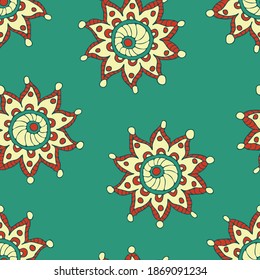 Seamless vector pattern with abstract flower star on teal blue background. Gypsy floral wallpaper design. Hand drawn mandala fashion textile.