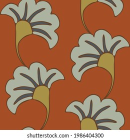 Seamless vector pattern with abstract flower on brown background. Simple retro floral wallpaper design. Decorative vintage blossom fashion textile.