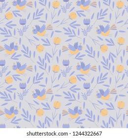 Seamless vector pattern with abstract flowers and birds