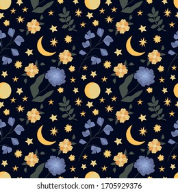 Seamless vector pattern with abstract flowers, stars and moon on a dark blue background. Illustration of a night sky decorated with flowers.